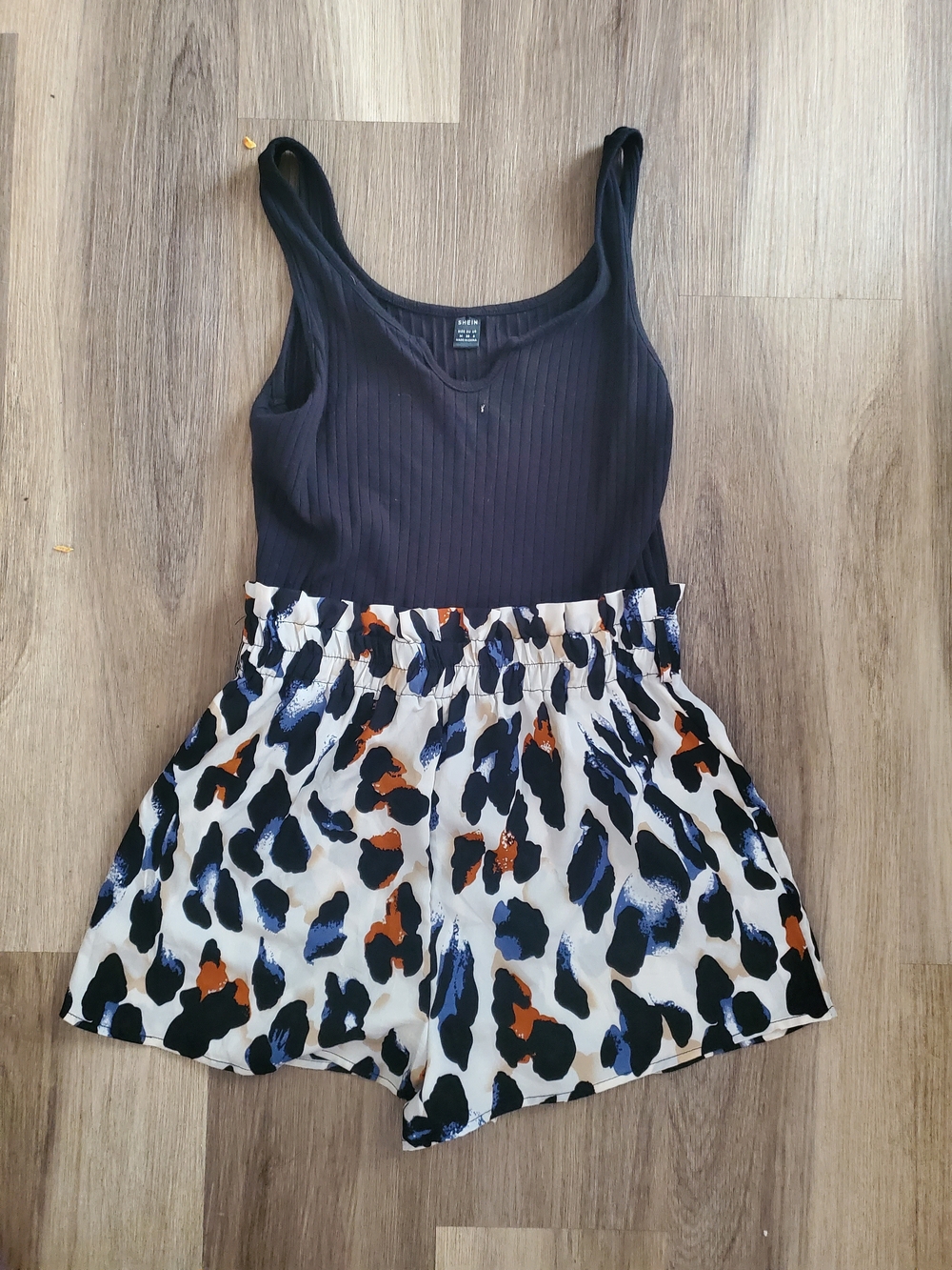 Black Ribbed Tank with Animal Print Romper  Elastic Waist Shorts